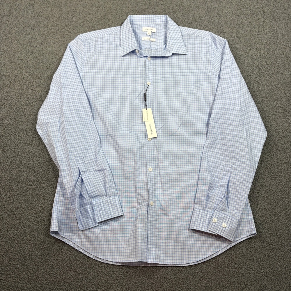 Calvin Klein Dress Shirt Mens L Blue Capri Infinite Cool Slim Fit Plaid 40ZW979